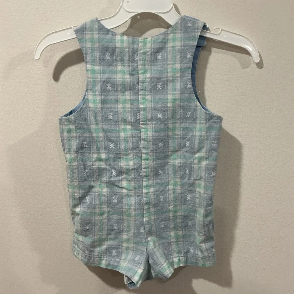 Vintage Boys Size 12M Teddy Bear Plaid Romper Shortall Jumper Made In USA